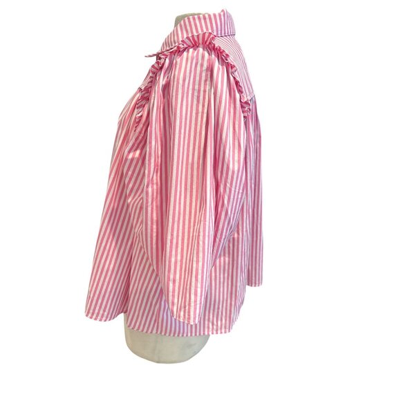 Pink & White Striped Ruffle Button-Down Blouse By Karlie Large Cotton Womens - Picture 2 of 10
